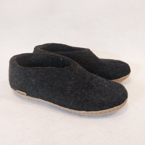 Glerups Wool Slipper Shoes 38 Women US 7- Men 6 Charcoal Gray Black Leather Sole - Picture 1 of 10